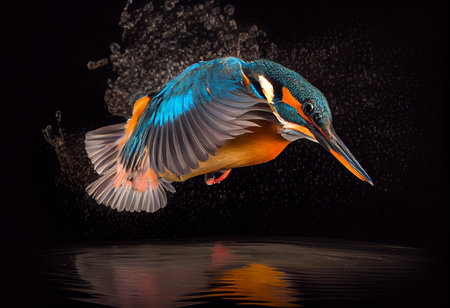 Common European Kingfisher (Alcedo atthis). Kingfisher flying after emerging from water with caught fish prey in beak on green natural background. Ai generativeの素材