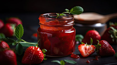 Strawberry jam in the glass jar. Ai generativeの素材