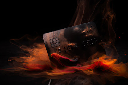 Bank credit card in flames on black background. Crisis, overdue loan concept. Ai generativeの素材