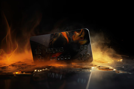 Bank credit card in flames on black background. Crisis, overdue loan concept. Ai generativeの素材