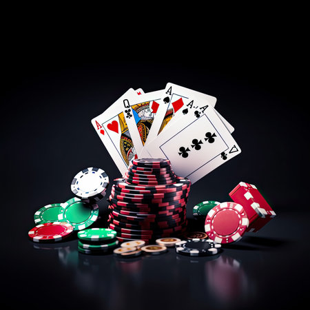 Stack of chips and two aces on the table on the green baize - poker game concept. Ai generativeの素材