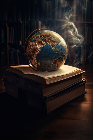 Aigenerative glowing globe above an open book. Symbol of knowledge.の素材