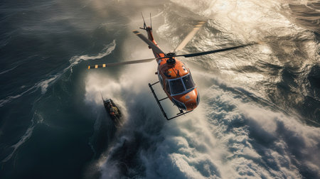 Red rescue helicopter lifts people out of stormy sea. Ai generativeの素材