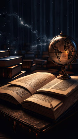 Ai generative glowing globe above an open book. Symbol of knowledge.の素材