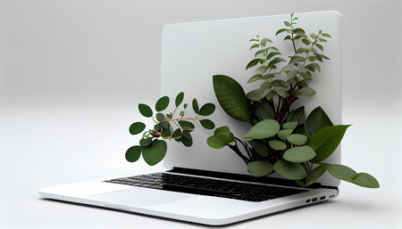 Laptop on white wooden business workspace desk. Ai generative mockupの素材