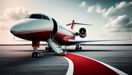 Airplane with red carpet on airport taxiway under bright blue sky, ai generativeの素材