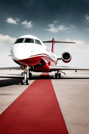 Airplane with red carpet on airport taxiway under bright blue sky, ai generativeの素材