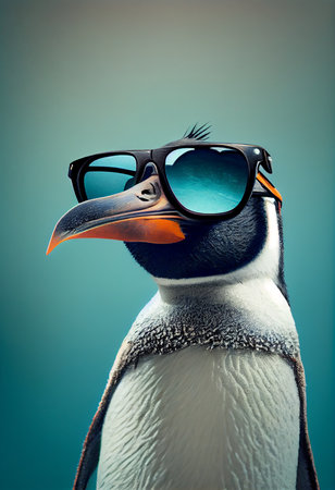 King penguin close up portrait shot in sunglasses, ai generativeの素材