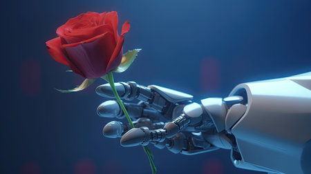 Silver metal robot arm reaches out to red rose flower. Conceptual photo on artificial intelligence. Ai generativeの素材