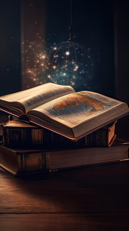 Aigenerative glowing globe above an open book. Symbol of knowledge.の素材