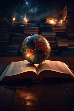 Aigenerative glowing globe above an open book. Symbol of knowledge.の素材