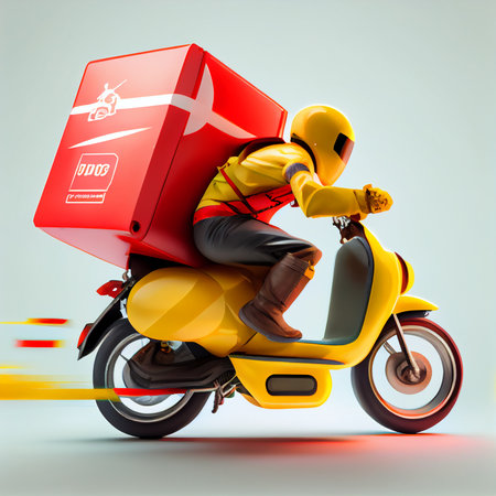 Italian delivery pizza man in uniform with thermo backpack on classic scooter. Fast transport express home delivery. Online order. Ai generative.の素材