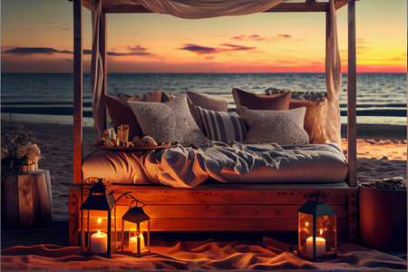 Stunning sunset beach canopy tent picnic. Ai generativeの素材