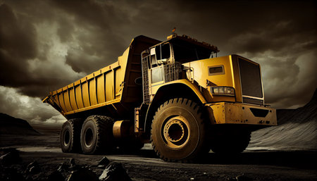 Large quarry dump truck in coal mine sunny day with blue clouds. Mining equipment for the transportation of minerals. Ai generativeの素材
