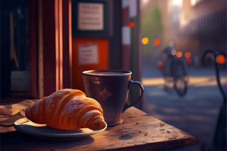 Early Morning Cappuccino at Sunrise along Traditional Italian Street. Ai generativeの素材