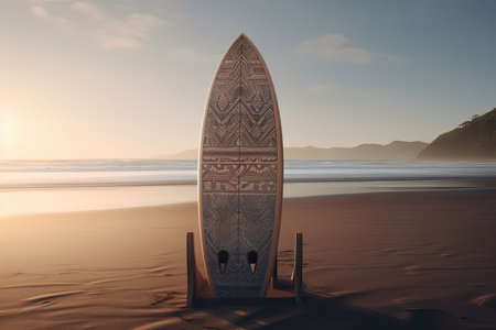 Surf board in the sand at the beach. Ai generativeの素材