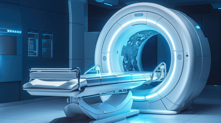MRI - Magnetic resonance imaging scan device in Hospital. Medical Equipment and Health Care. Digital ai generative imageの素材