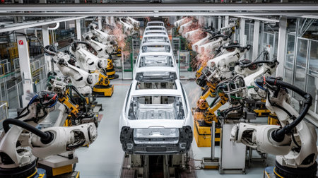 Automobile assembly line production. Ai generativeの素材