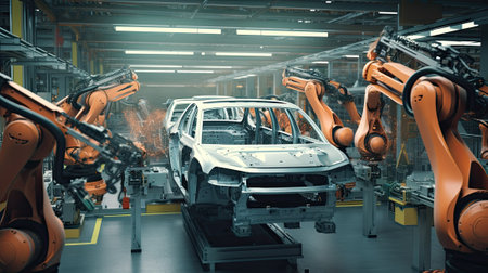 Automobile assembly line production. Ai generativeの素材