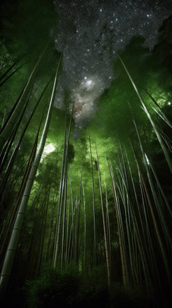 Eunhasu or galaxy road in bamboo forest field. Bamboo forest is lit up at night illuminated by the artificial lights. Ai generativeの素材