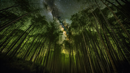 Eunhasu or galaxy road in bamboo forest field. Bamboo forest is lit up at night illuminated by the artificial lights. Ai generativeの素材