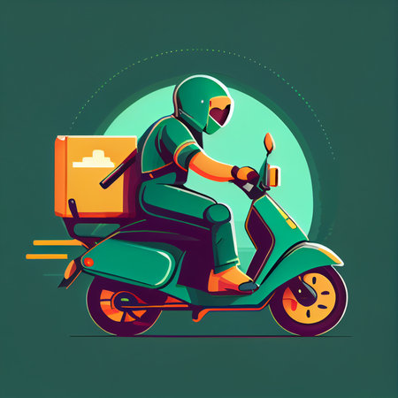 Young courier, delivery man in uniform with thermo backpack on a moped isolated on blue background. Fast transport express home delivery. Online order.の素材