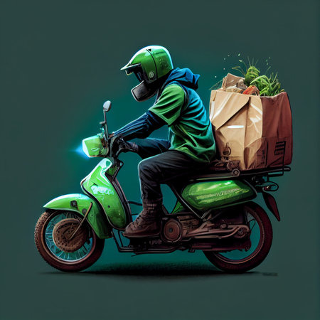 Young courier, delivery man in uniform with thermo backpack on a moped isolated on blue background. Fast transport express home delivery. Online order.の素材