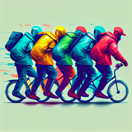 Young courier, delivery man in uniform with thermo backpack on a moped isolated on blue background. Fast transport express home delivery. Online order.の素材