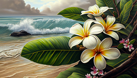 White frangipani plumeria flowers on sand at the beach front of the ocean waves background. Beautiful landscape scene for relaxation and advertising. Ai generative.の素材