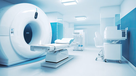 MRI - Magnetic resonance imaging scan device in Hospital. Medical Equipment and Health Care. Digital ai generative imageの素材