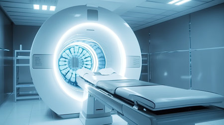 MRI - Magnetic resonance imaging scan device in Hospital. Medical Equipment and Health Care. Digital ai generative imageの素材