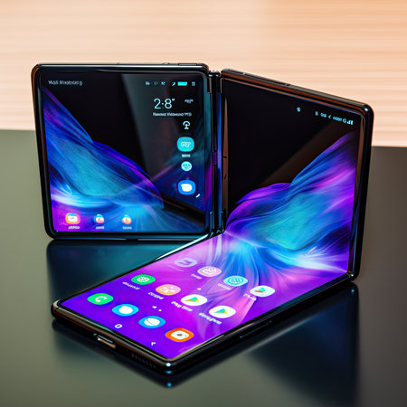Futuristic concept of a folding smartphone with a flexible display. Ai generativeの素材