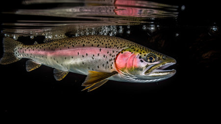 Fishing. Rainbow trout fish jumping with splashing in water. Ai generativeの素材