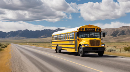 School bus on blacktop with clean sunny background. Ai generativeの素材