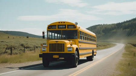 School bus on blacktop with clean sunny background. Ai generativeの素材