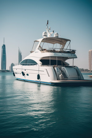 The yacht against the background of skyscrapers floats. Dubai, ai generativeの素材
