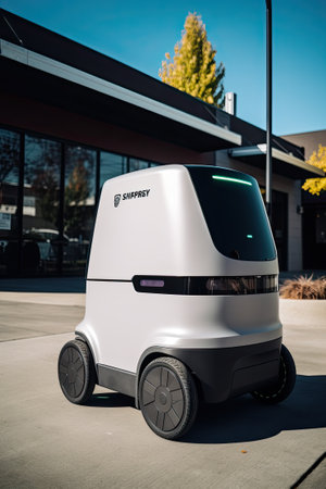 Starship food delivery robot is driving on the sidewalk, Robots are delivering food from post. Ai generativeの素材