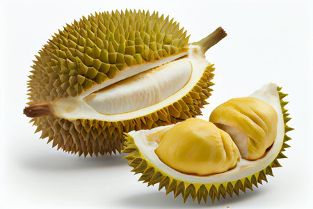 Durian fruit with cut in half and leaves isolated on white background. Ai generative.の素材