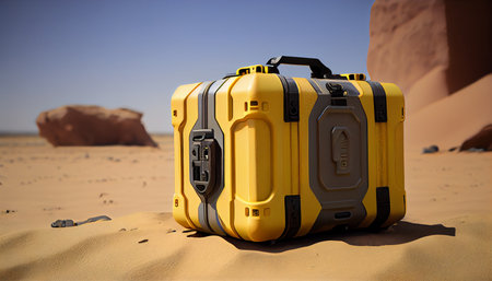 Yellow bag camera waterproof case ready for adventure trip outdoors. Ai generative