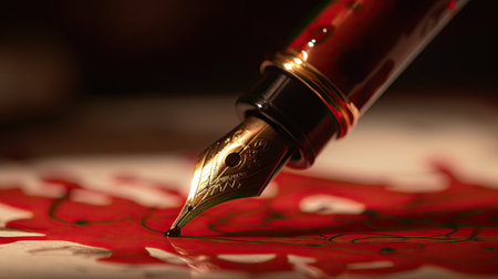 Golden fountain pen leaves drawing a straight ink line on a white paper closeup. Ai geberativeの素材