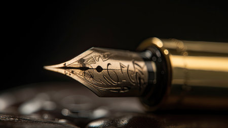 Golden fountain pen leaves drawing a straight ink line on a white paper closeup. Ai geberativeの素材