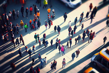 Crowd of people walking street bright sunny day, aerial view. Ai generativeの素材