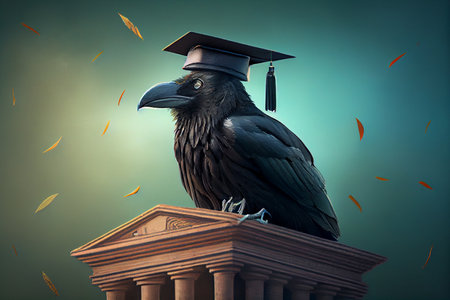 Crow with bachelor cap outdoors, ai generativeの素材