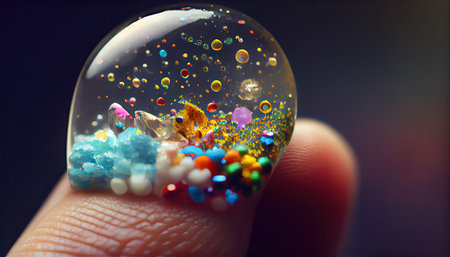Small Plastic pellets on the finger. Micro plastic. Water pollution, ai generativeの素材