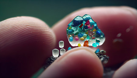 Small Plastic pellets on the finger. Micro plastic. Water pollution, ai generativeの素材
