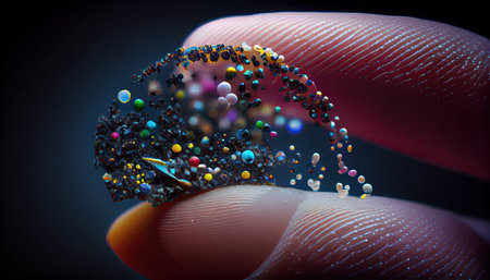 Small Plastic pellets on the finger. Micro plastic. Water pollution, ai generativeの素材