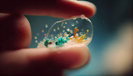 Small Plastic pellets on the finger. Micro plastic. Water pollution, ai generativeの素材