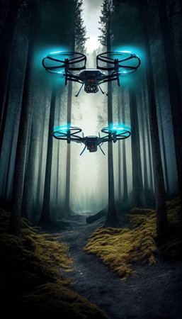 Agressive Modern drone flies in the forest. Spy military concept. Ai generativeの素材