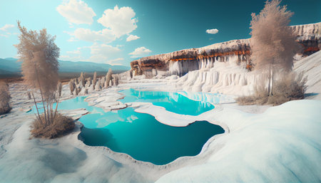 Natural travertine pools and terraces in Pamukkale. Cotton castle in southwestern Turkey. Ai generativeの素材