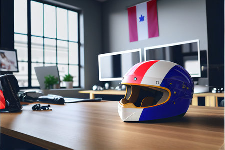 Modern foolface motorcycle helmet on boss table in office. Big boys toys. Hobby. Ai generativeの素材